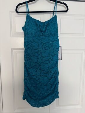 Emerald Sundae Teal Lace Spaghetti-Strap Mini Dress